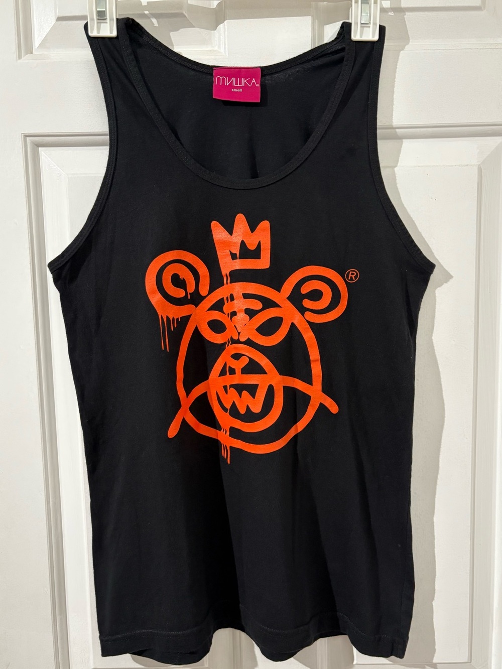 Mishka Vintage Black Tank with Bright Orange Graffiti Mop Bear Small